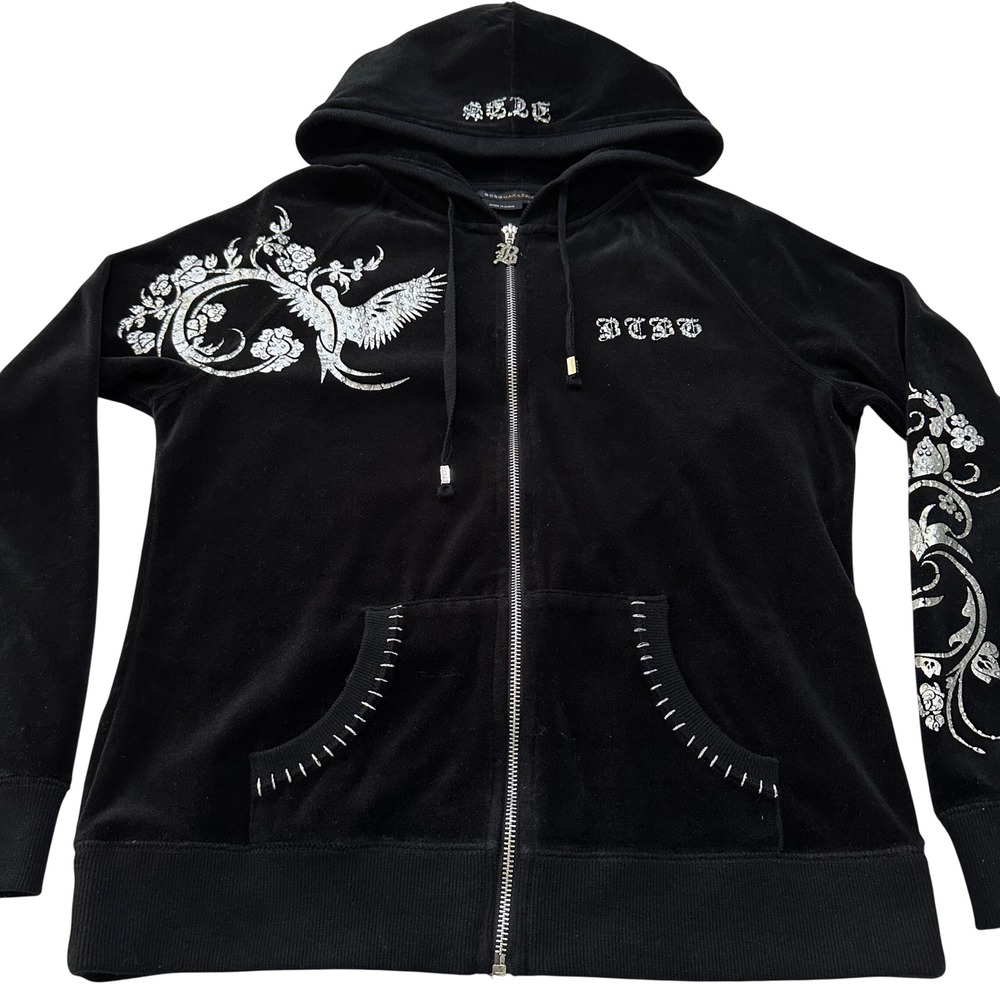 BCBGMaxAzria Black Velvet Zip Hoodie with Silver Embroidery